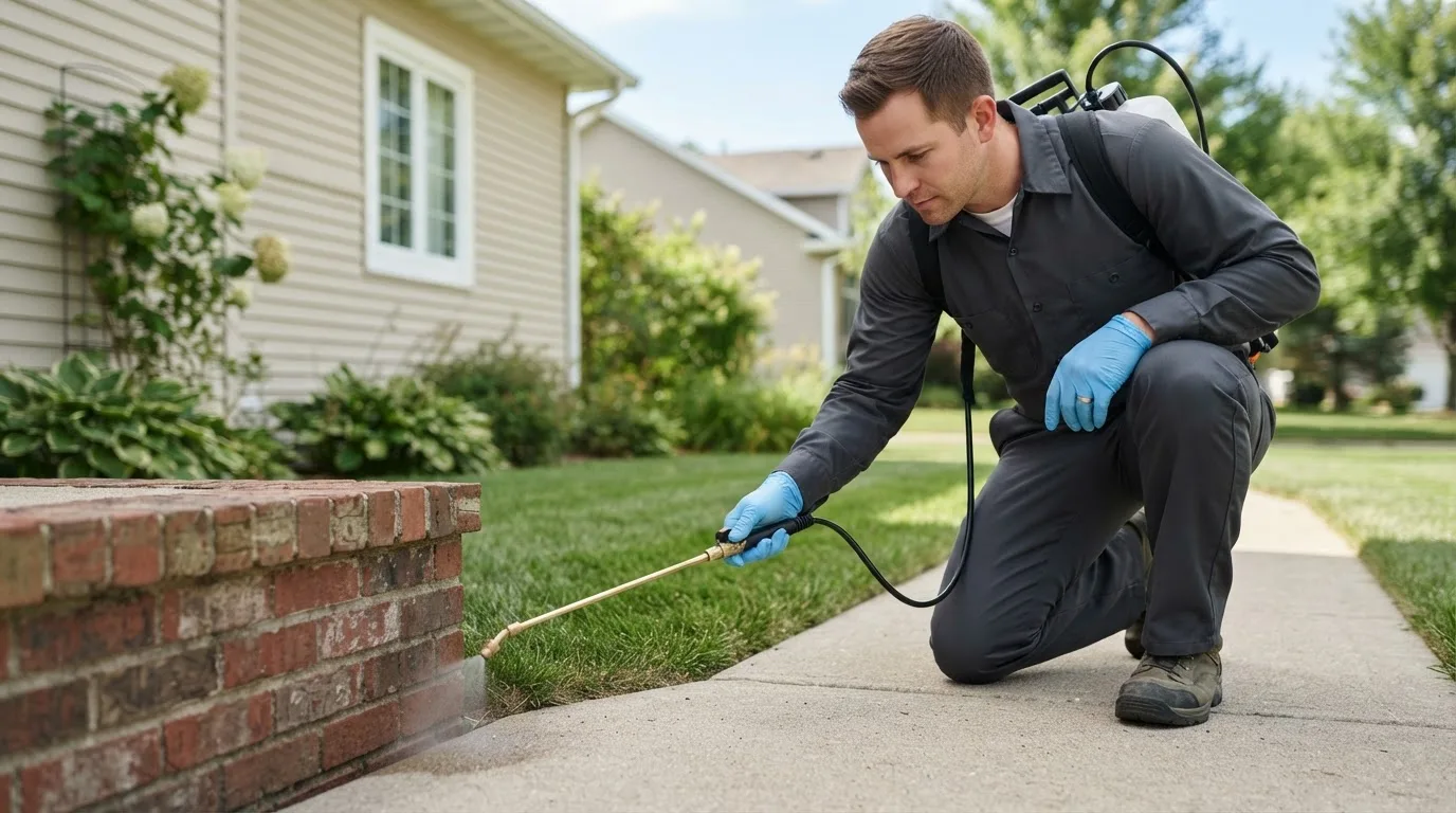 Pest control technician treating a home near Sutherlin, OR